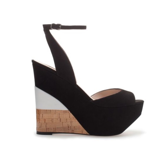 ZARA Black Suede White Cork Platform Wedge Heels - Picture 1 of 9